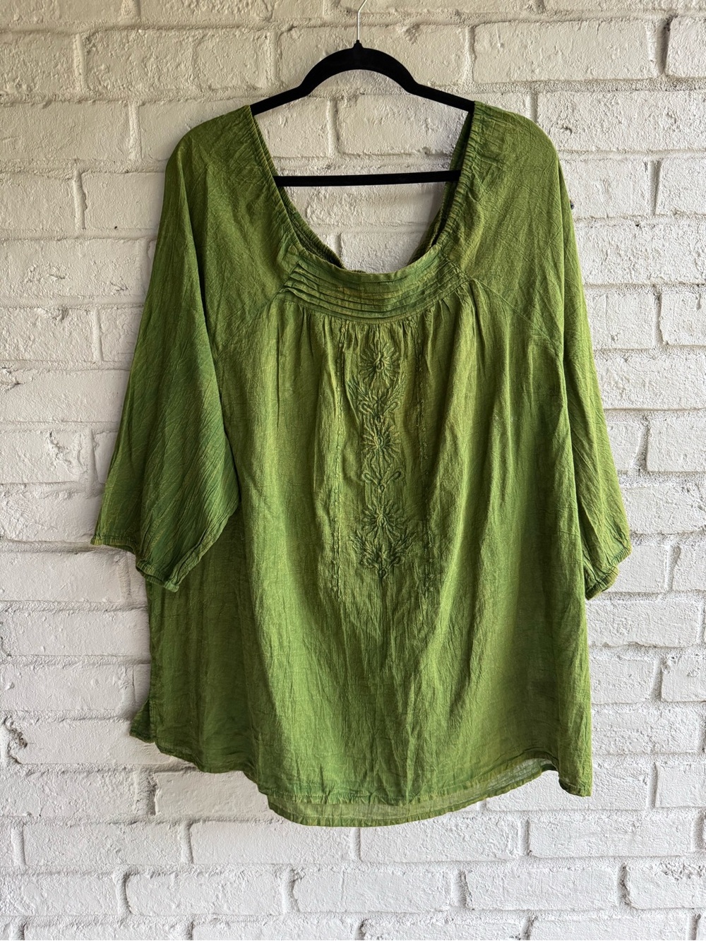 Indigo Washed Olive Green Embroidered Scoop Neck Cotton Plus Sz Boho top